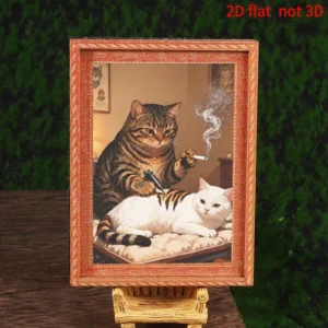 2D Flat Funny Tattoo Cat Fridge Magnet, Vintage Wood Frame Cat Tattoo Artist Refrigerator Sticker, Novelty Kitten Magnetic Decor